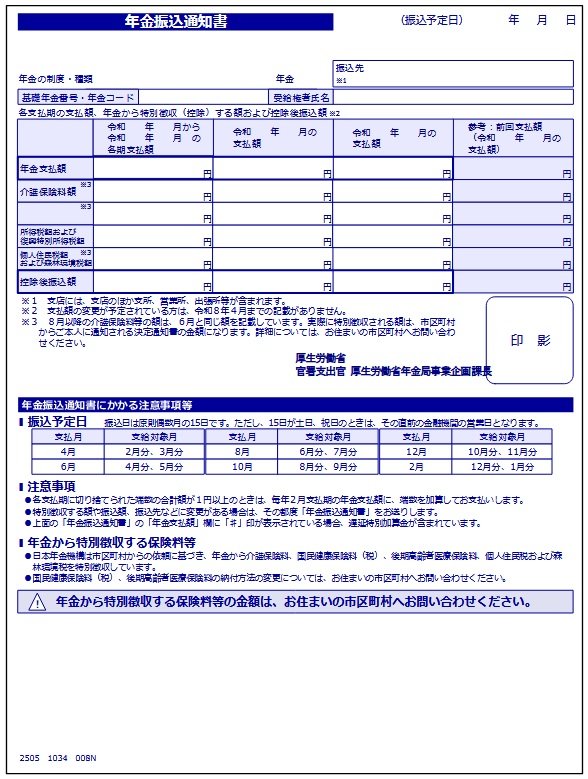 年金から天引きされる税や社会保険料が記載される「年金振込通知書」