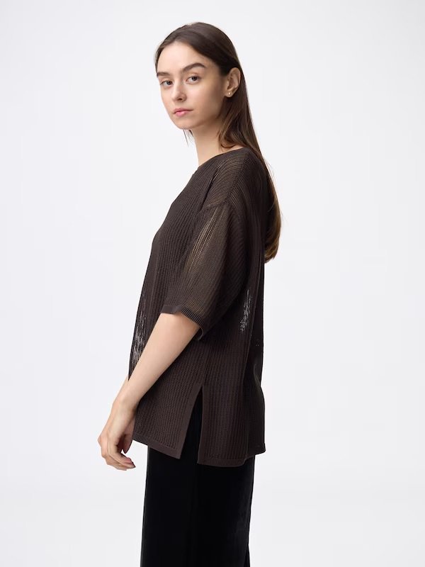 GU公式　メッシュニットオーバーサイズプルオーバー(5分袖)Q