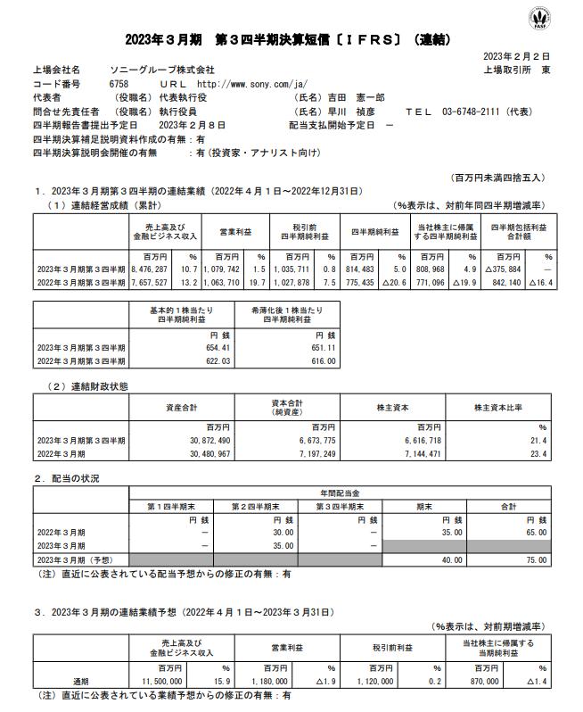 出所：ソニーグループ株式会社「2023年3月期 第3四半期決算短信［IFRS］（連結）」