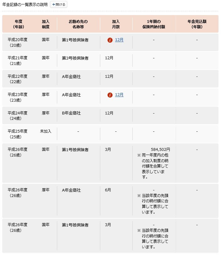 年金記録の一覧表示