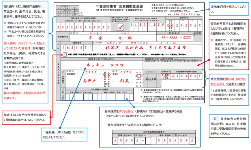 出所：日本年金機構「年金受給権者 受取機関変更届（兼 年金生活者支援給付金 受取機関変更届）」