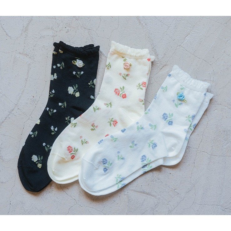 しまむら公式 レディース クルーソックス(青木美沙子)/バラ柄デザイン