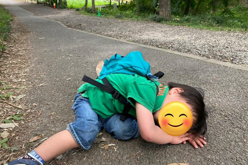 「車から降りてすぐ歩きたくない」座り込む3歳児の写真にXユーザーもほっこり