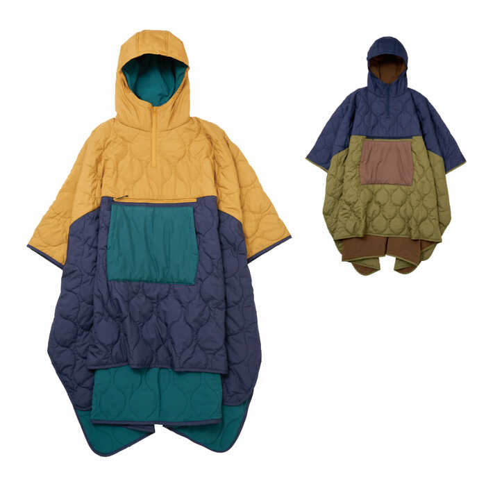 ひょうたん型のキルト素材と3色配色で、オシャレなウォームポンチョ