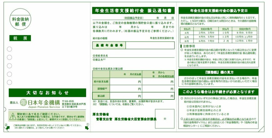 年金生活者支援給付金 振込通知書