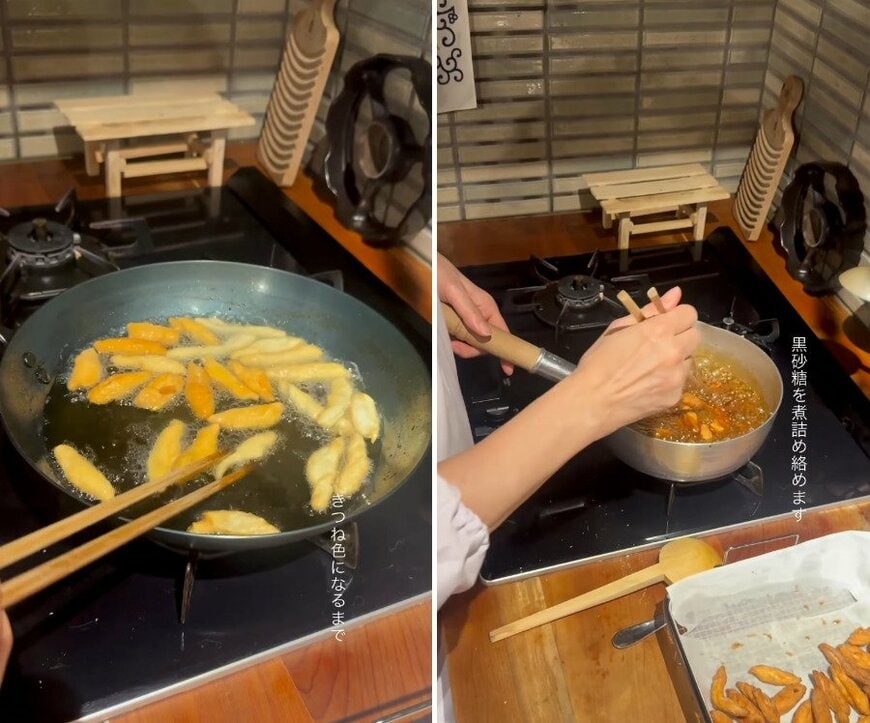 きつね色に揚げた生地に煮詰めた黒砂糖を絡める工程