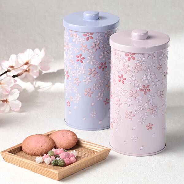 さくらキャニスター缶。ブルーとピンクの色
