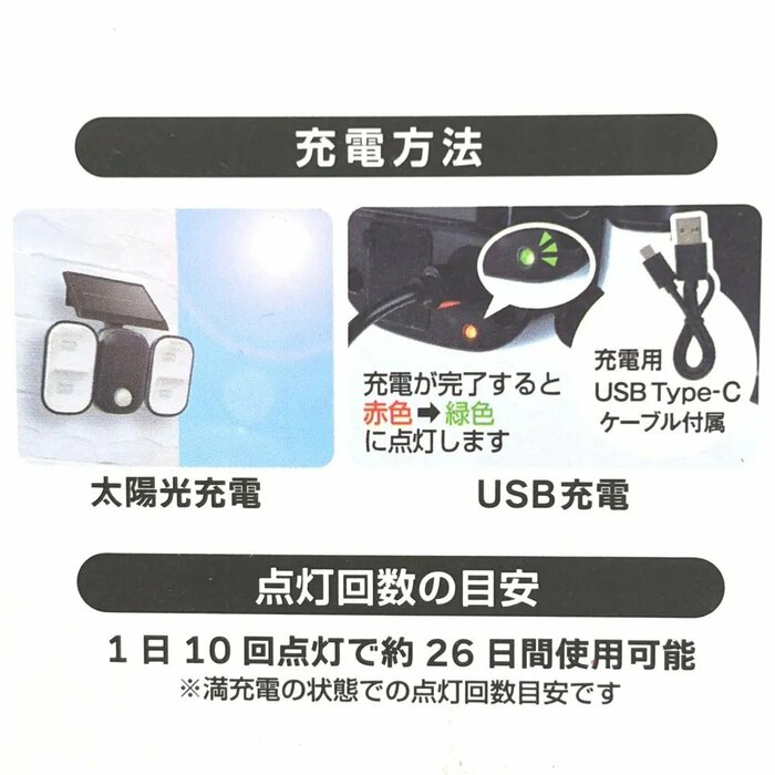 太陽光充電だけでなく「USB充電」にも対応している2WAY仕様
