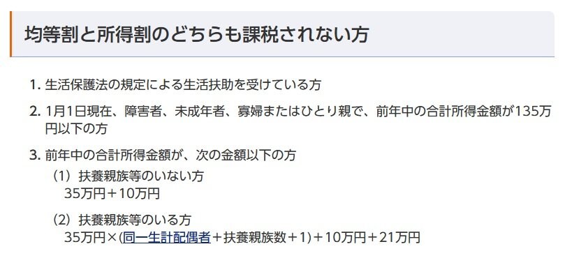 「均等割」と「所得割」両方が課税されない方