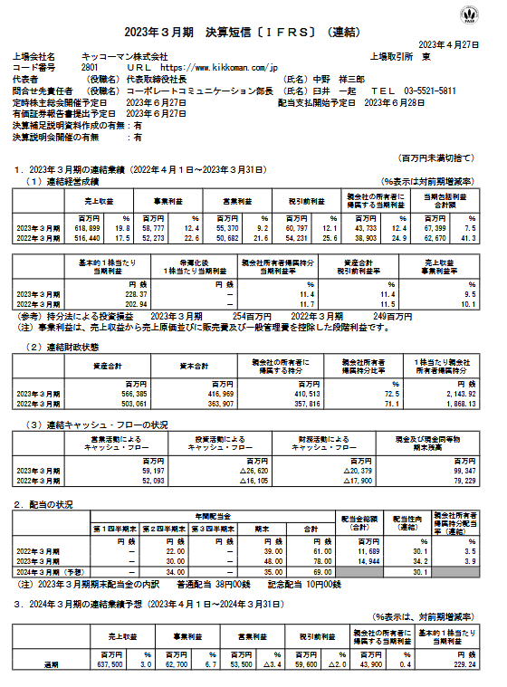 出所：キッコーマン株式会社「2023年３月期 決算短信〔ＩＦＲＳ〕（連結）」