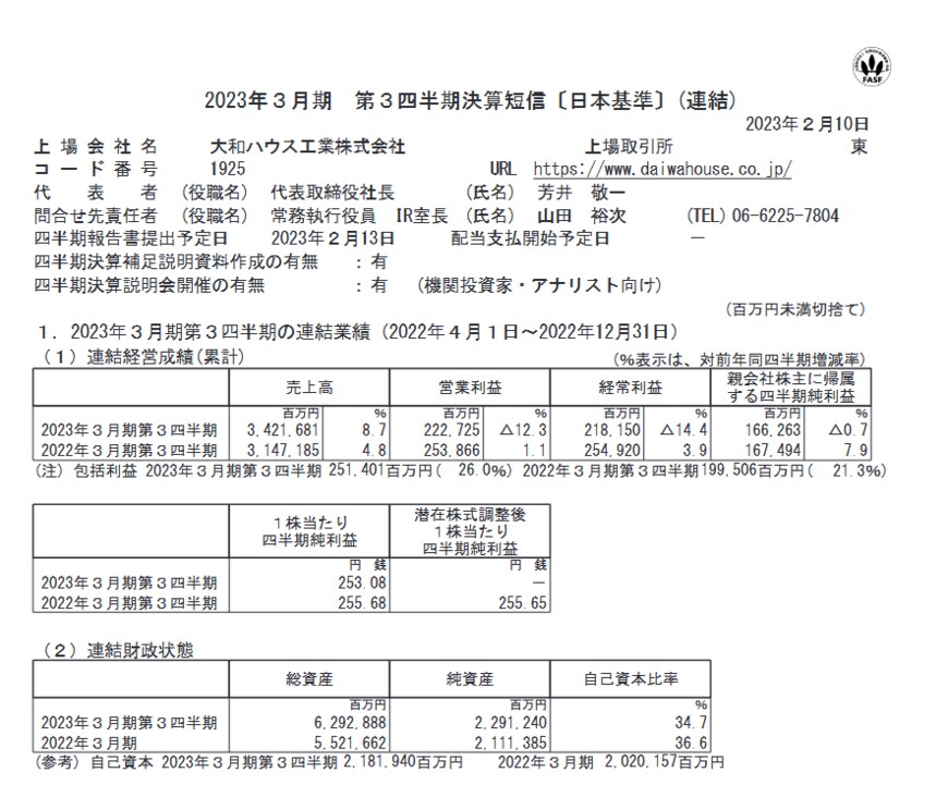 出所：大和ハウス工業株式会社「2023年３月期 第３四半期決算短信〔日本基準〕(連結)」