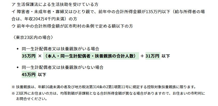 東京都23区内で住民税非課税世帯に該当する要件