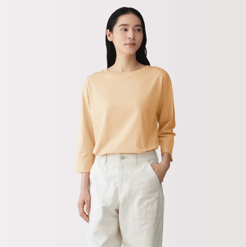 無印良品、婦人 天竺編みボートネック七分袖Tシャツの画像