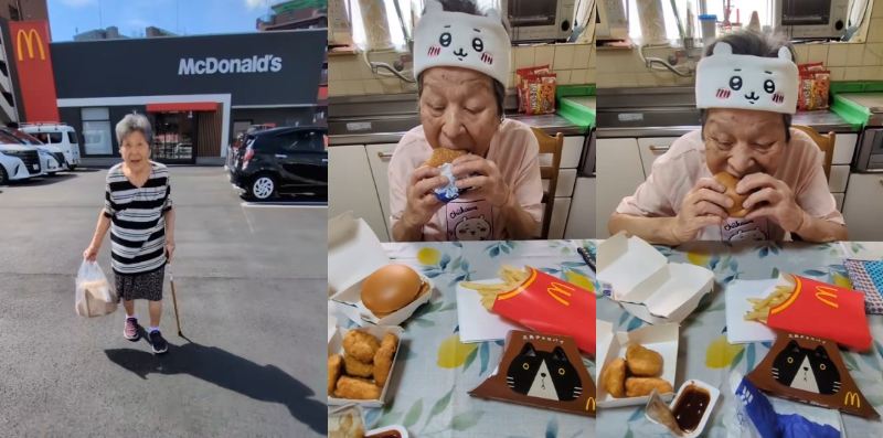 マクドナルドを訪れ、バーガーを頬張る様子