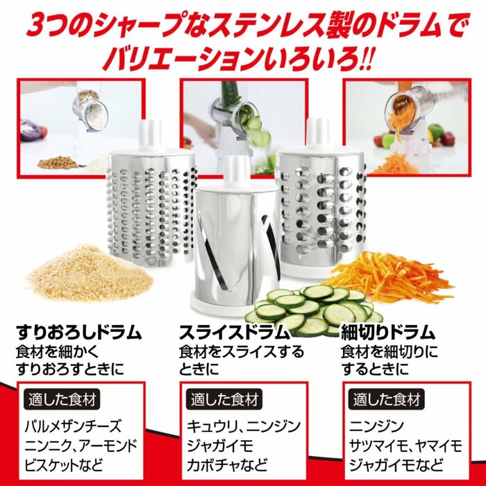 用途に合わせて簡単に付け替えができる3種類のステンレス製ドラム