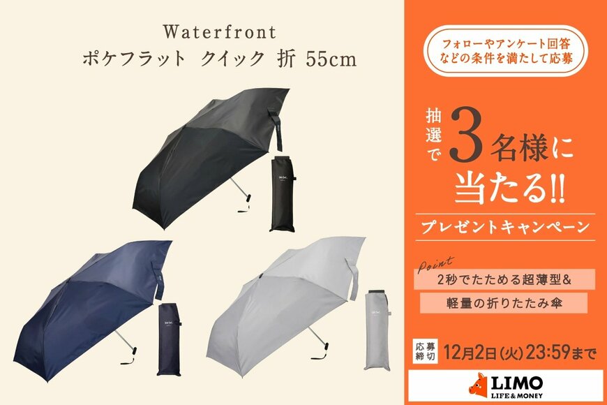 たった2秒でたためて持ち運びやすい！Waterfrontの最新折りたたみ傘が抽選で当たる