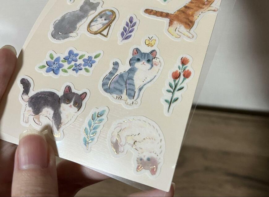 ダイソー、シートステッカー(猫文具、花と猫)