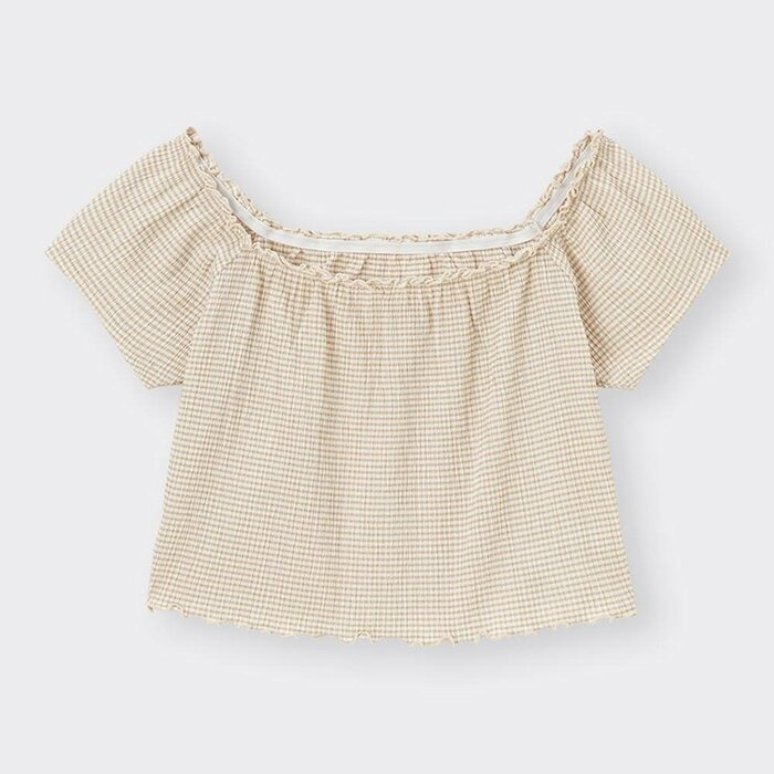 GU公式　チェックオフショルダーT[半袖]+E