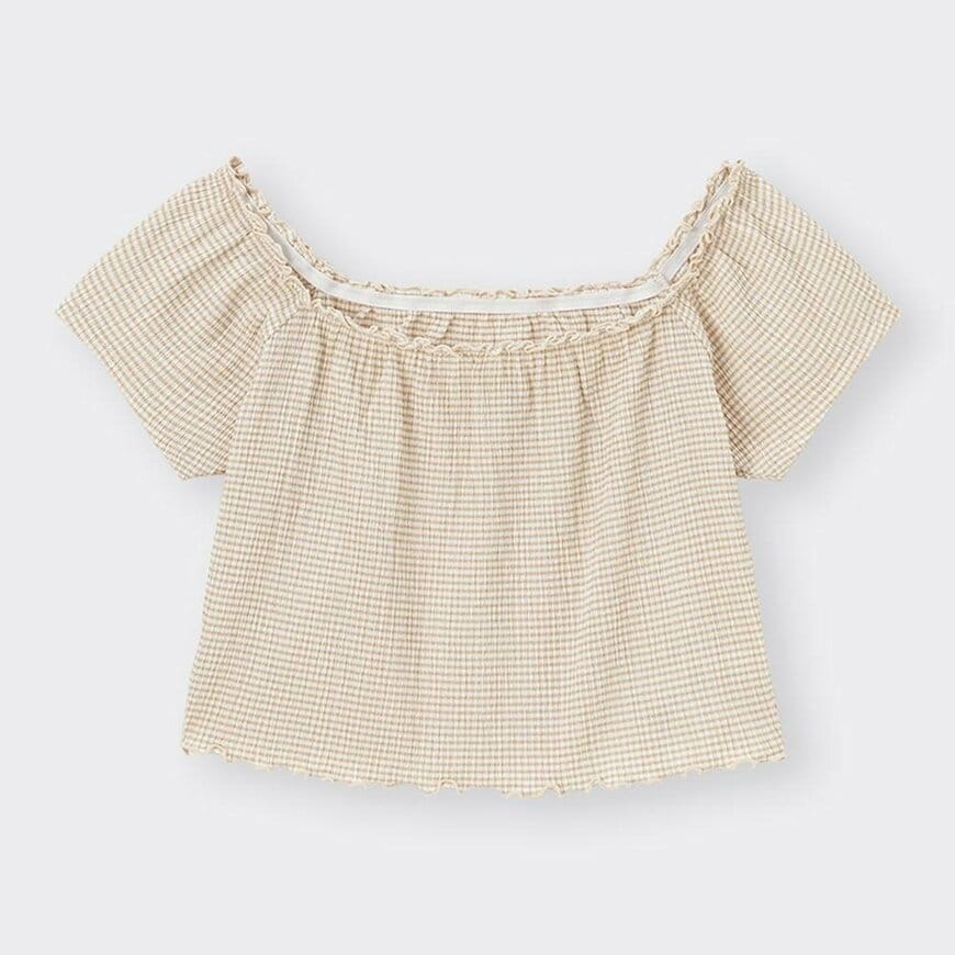 出所：GU公式　チェックオフショルダーT[半袖]+E