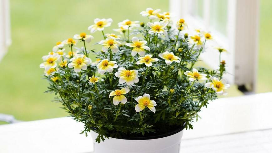 花の中央はクリーム色、花びらの先が白色の、ビデンス・キャンプファイヤー