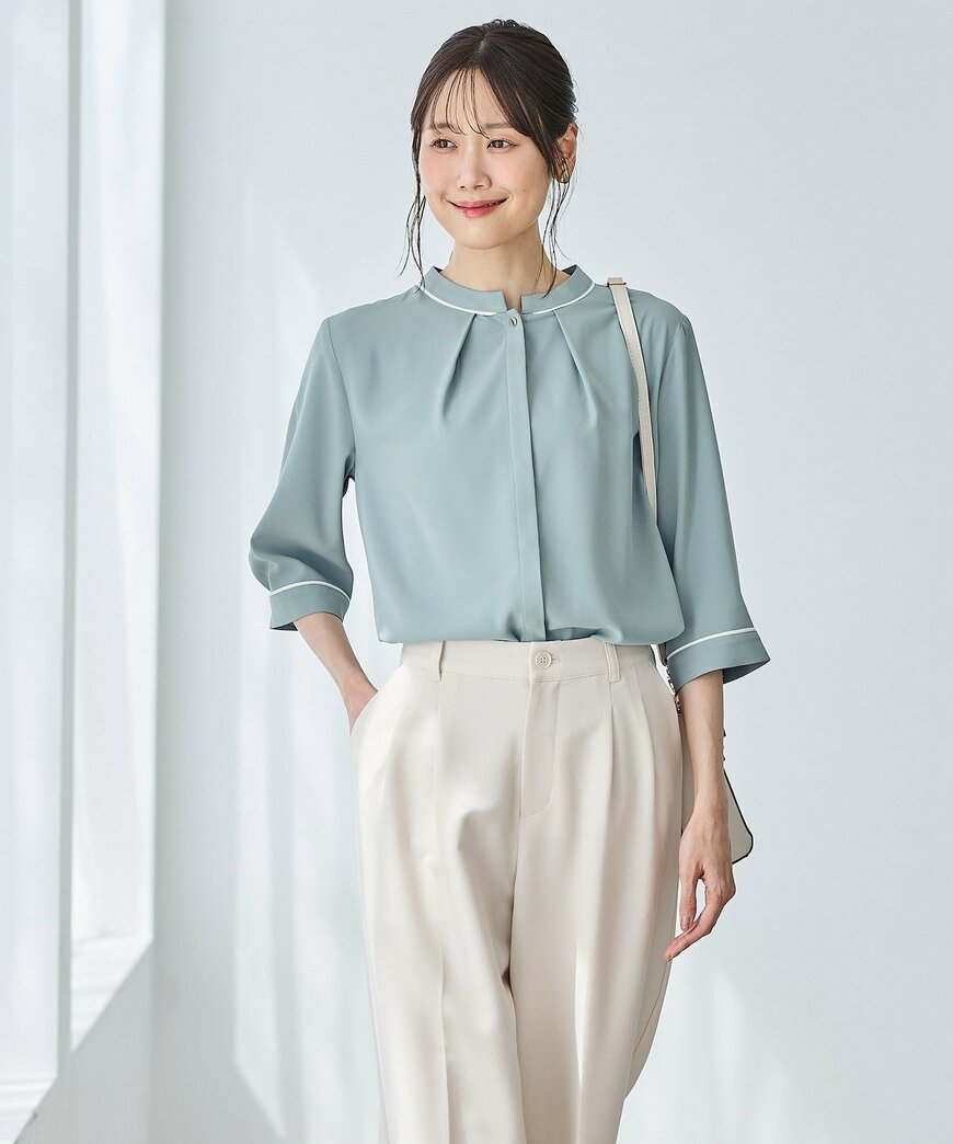 ハニーズ公式　6分袖配色バンドカラーブラウス