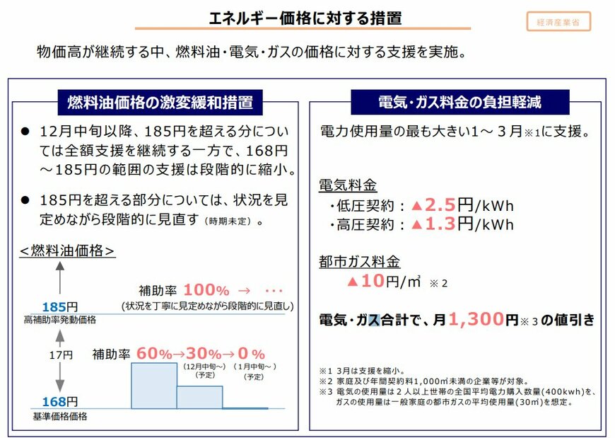 燃料油・電気・ガスの価格に対する支援を実施
