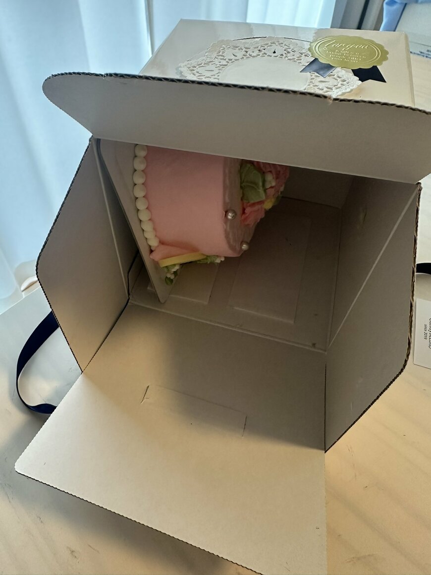 縦向きで箱に入っていたお祝いのケーキ