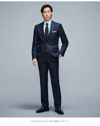 金のスーツ 段返り3つボタン 紺千鳥格子 スリム