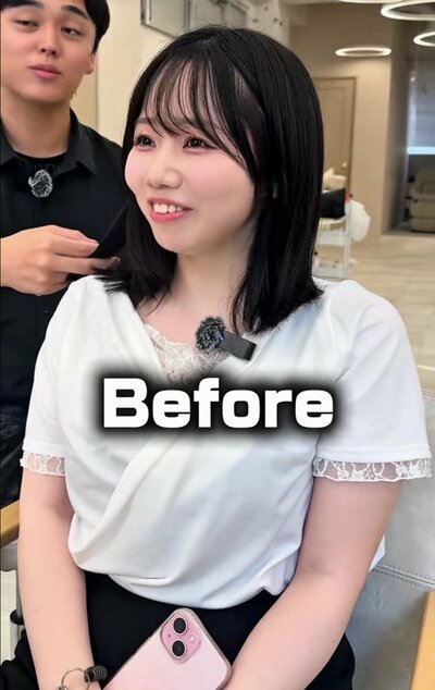 肩のあたりまで届く、黒髪のビフォーの様子