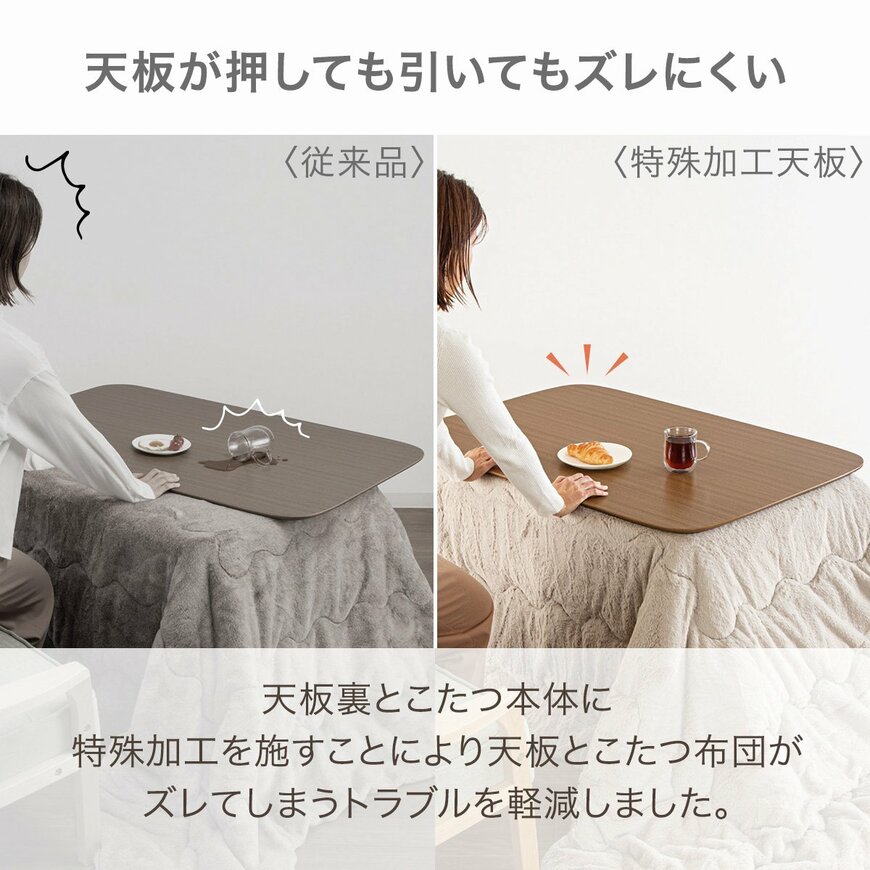 従来品と特殊加工天板を比べた、天板のずれを軽減する加工の説明