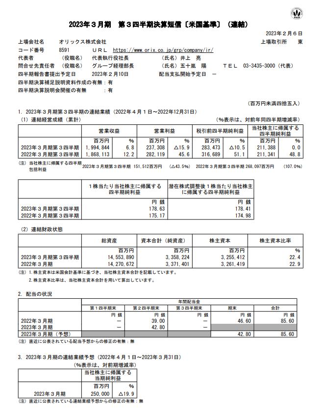 出所：オリックス株式会社「2023年3月期 第3四半期決算短信［米国基準］（連結）」