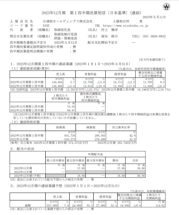 出所：日清紡ホールディングス株式会社「2023年12月期 第1四半期決算短信［日本基準］（連結）」