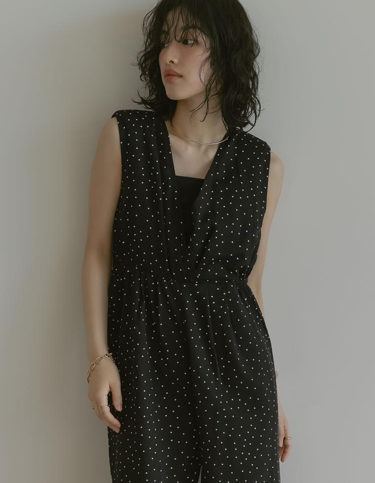 [低身長/高身長サイズ有]ドットor無地カシュクール肩パットVネックオールインワン