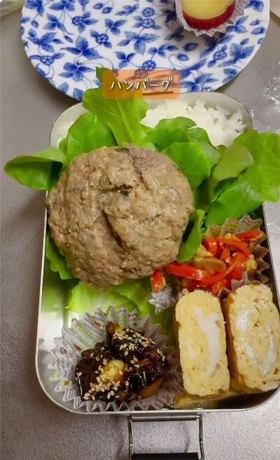 大きなハンバーグが葉っぱの上にのったところ