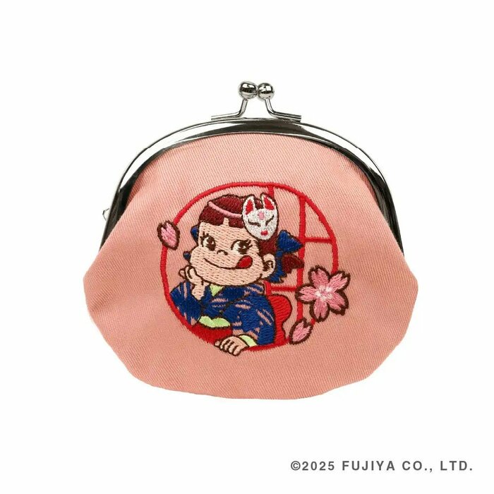 ペコちゃん刺繍がま口狐面ピンク
