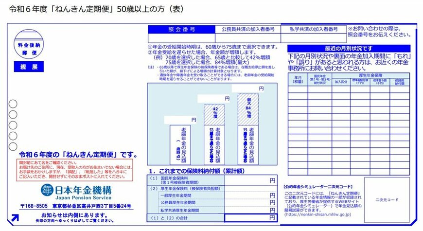 ねんきん定期便：50歳以上（表面）
