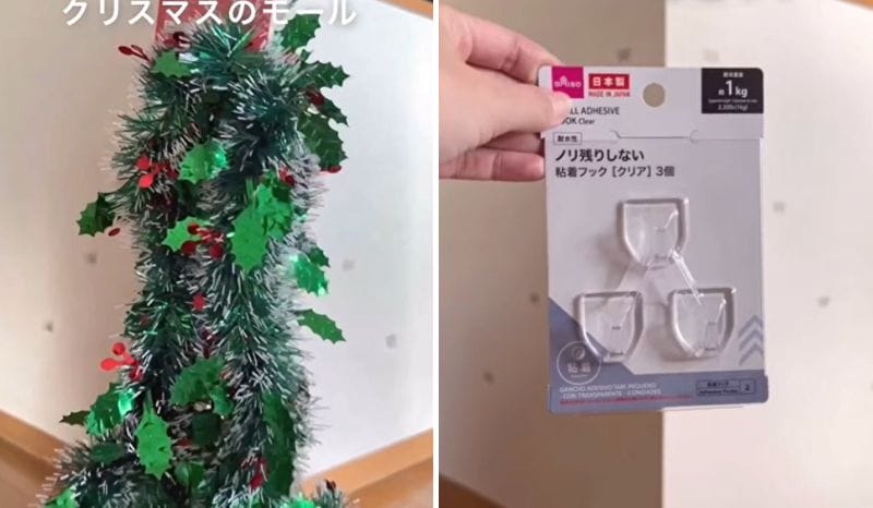 「わぁ素敵！」部屋の角→ダイソーのモールを掛けるだけで…豪華な〈浮かせる立体クリスマスツリー〉が完成！親子で簡単＆楽しくDIY