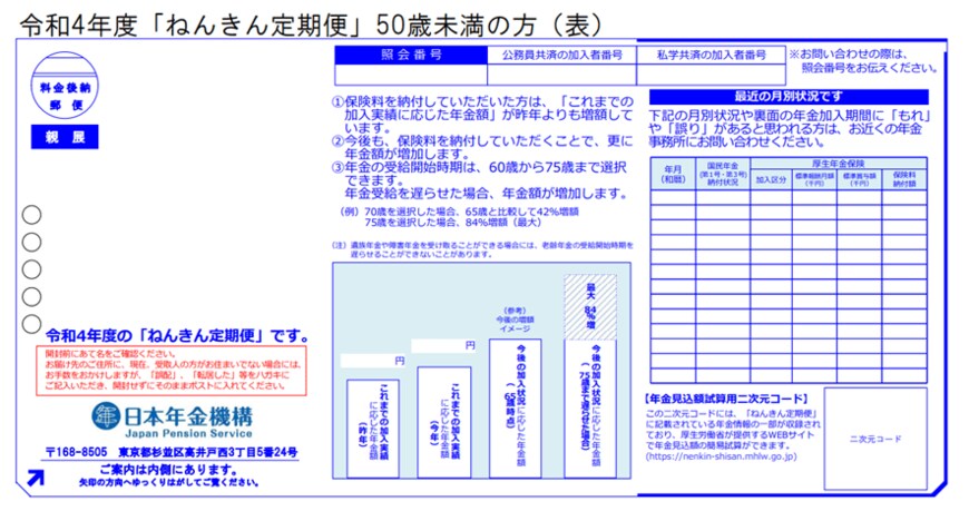 出所：日本年金機構「令和4年度「ねんきん定期便」50歳未満の方（表）」