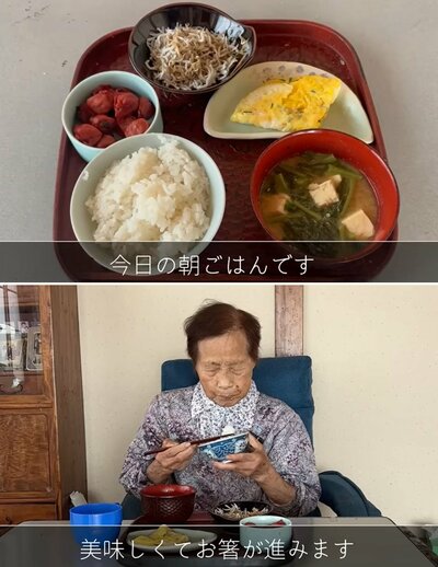しらすおろし、ネギ入り卵焼き、カブの葉の味噌汁、梅干しが並んだ朝食