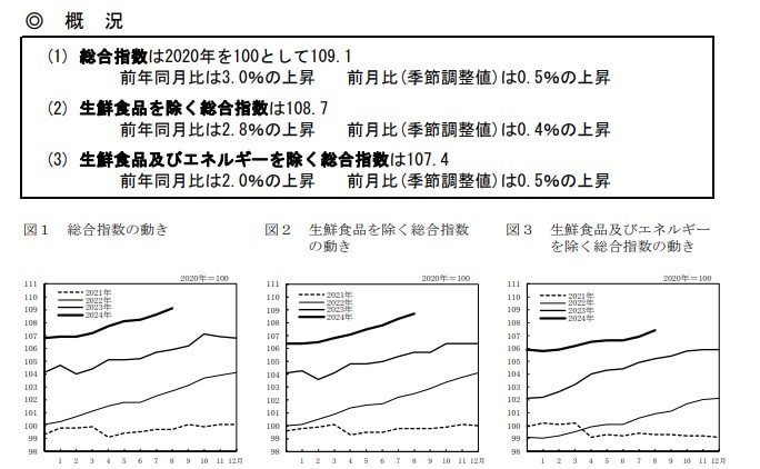 出所：総務省「2020年基準 消費者物価指数　全国　2024年(令和6年)8月分」