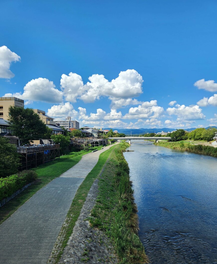 青空の下、人気のない夏の鴨川