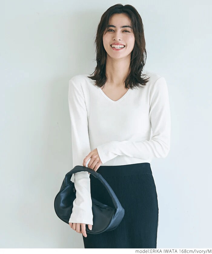 リブVネックトップス レディース