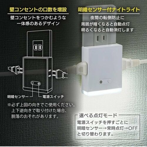 ナイトライト付2個口スクエアタップ
