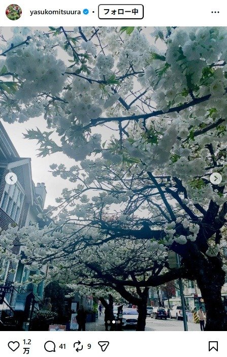 出所：光浦靖子のInstagram（＠yasukomitsuura1）　参照日：2026年4月3日