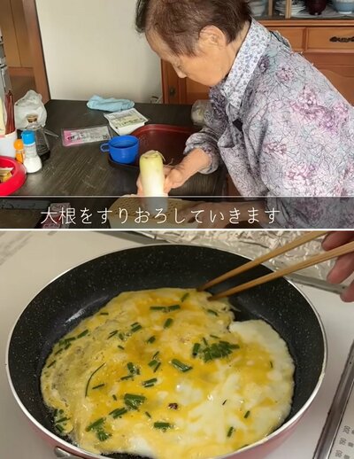 庭仕事のあとに朝食づくりを始めるきのえおばあちゃん