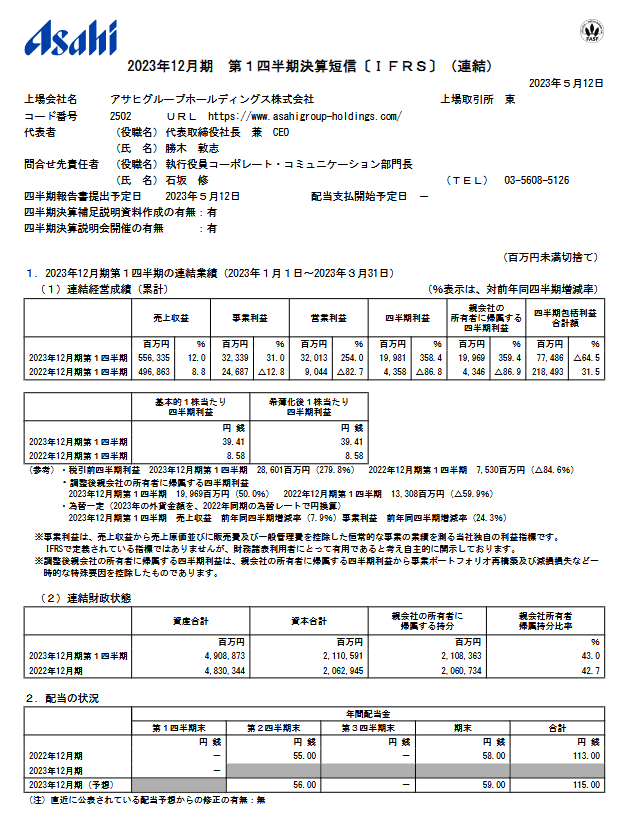 出所：アサヒグループホールディングス株式会社「2023年12月期 第１四半期決算短信〔ＩＦＲＳ〕（連結）」