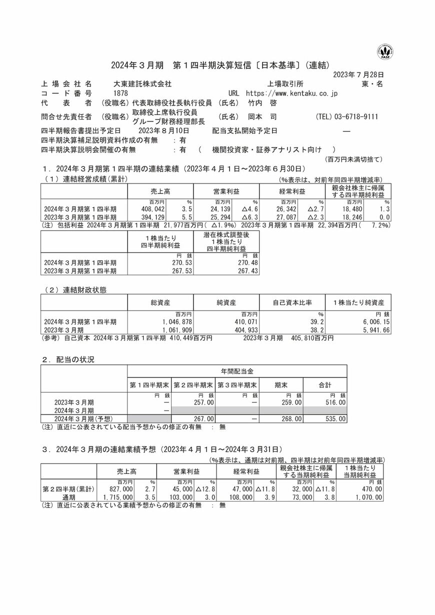 出所：大東建託「2024年３月期 第1四半期決算短信〔日本基準〕(連結)」2023年7月28日