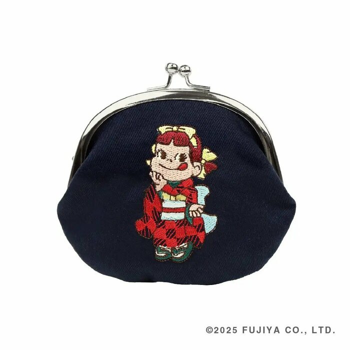 ペコちゃん刺繍がま口立ち姿ネイビー