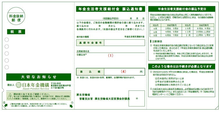 年金生活者支援給付金振込通知書(見本)