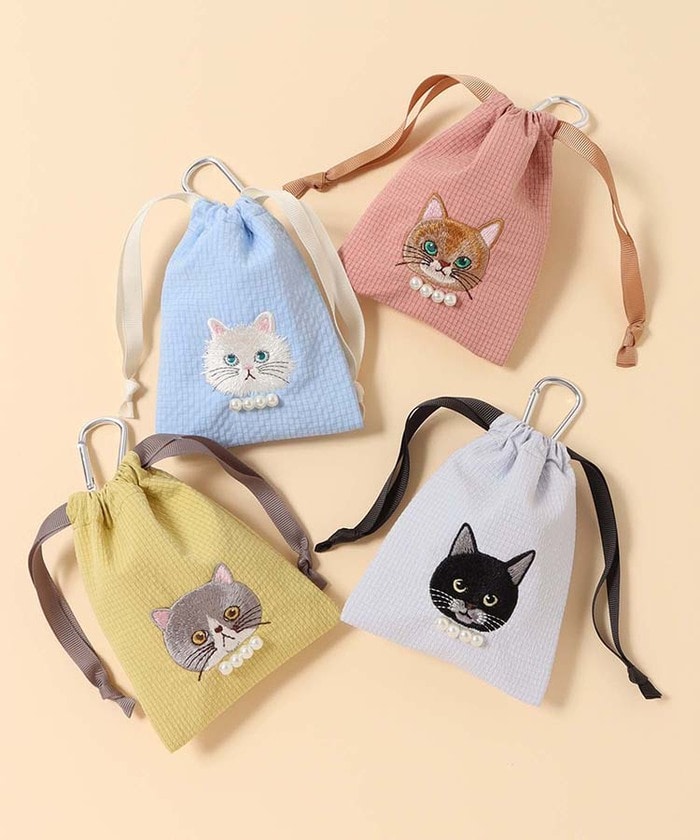 「オリジナルキャットパールカラビナ付きリップル巾着」